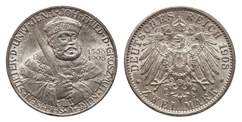 German Empire Saxony 2 Mark Silver Coin University of Jena Year 1908