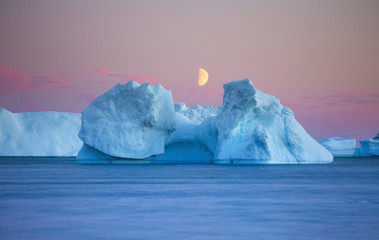 Icebergs at sunset, Qeqertarsuaq, Disko Island, Greenland