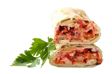 Doner kebab, shawarma in pita with parsley