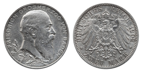 German Empire Baden 2 Mark silver coin Friedrich vintage 1902