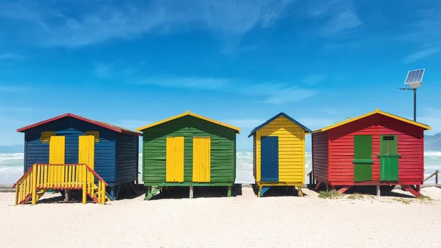 Colorful beach huts with hightech solar panel at Muizenberg near Cape Town, South Africa