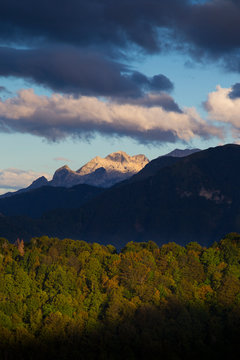 View over mountains from Astra Montana, remote mountain cabin above Soca valley in Triglav National Park, Slovenia