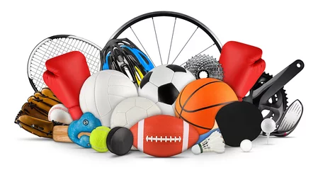 Fotobehang huge collection stack of sport goods and balls gear bicycle wheel equipment from various sports isolated white background © stockphoto-graf