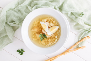 Chicken Noodle Soup Yellow Egg Top Down View