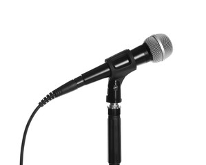 Stand with modern microphone on white background