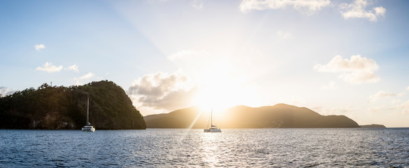 Boats anchored in sea against coastline, Bourg de Saintes, Isles des Saintes, Guadeloupe