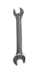 New wrench on white background, top view. Plumber tools