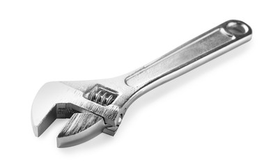 New adjustable wrench on white background. Plumber tools