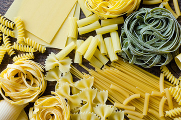 Variety of types and shapes of Italian pasta