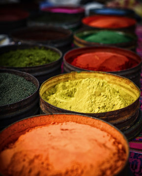 Colorful pigments at the Pisac Market, Cuzco, Peru