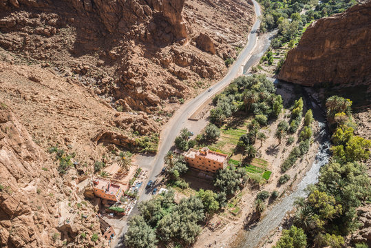 View of road leading to Todra Gorge, Atlas Mountains, Morocco