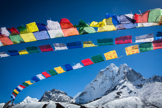 Prayer flags above Ama Dablam, Himalayas, Khumbu Valley, Nepal
