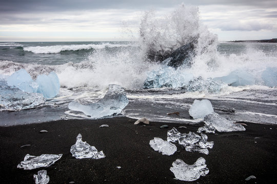 Waves splashing at Diamond Beach, Jokulsarlon glacier lagoon, Iceland