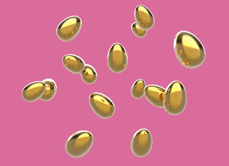 Golden Easter Eggs Flying on a pink background. Realistic 3D rendering.