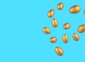 Golden Easter Eggs Flying on a blue background. Realistic 3d render. Space for text.
