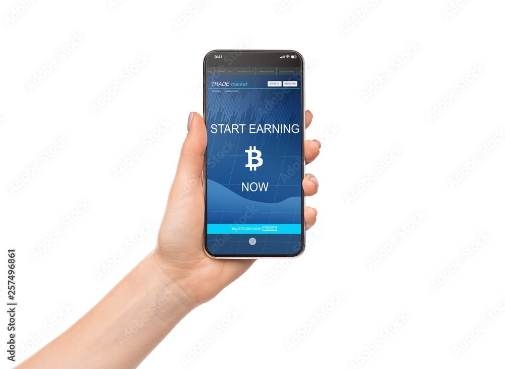 Poster bitcoin earning application on smartphone screen isolated