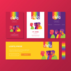 Support for LGBTQ pride. Colorful backgrounds. Peoples silhouette. Rainbow abstract. Templates for banners, flyers.