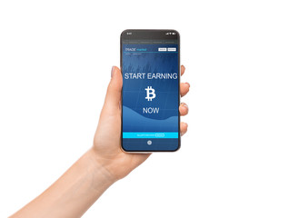 Bitcoin earning application on smartphone screen isolated
