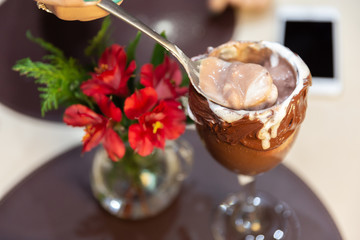 Ice cream white blends strawberry with high calories, can make you fat, soft focus, blurred. Delicious vanilla or chocolate sundae with strawberry.
