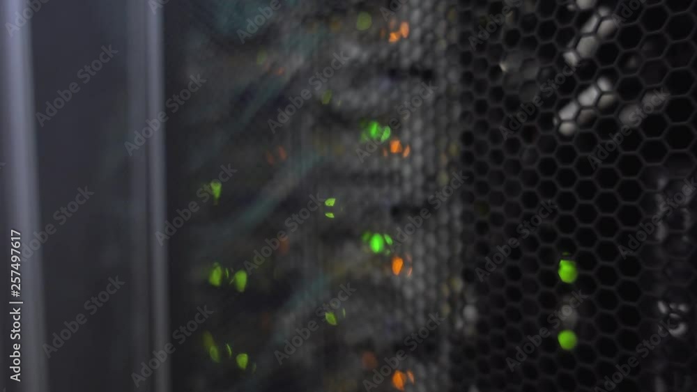 Poster blinking leds on a modern server room. working data center.
