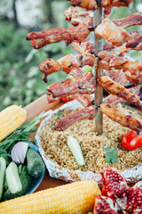 Traditional grilled meat with vegetables in the Caucasus Mountains region