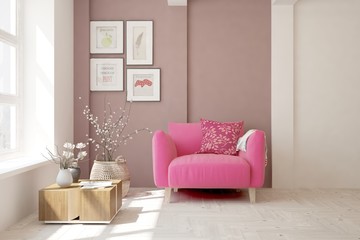 Colorful cozy minimalist room with armchair. Scandinavian interior design. 3D illustration