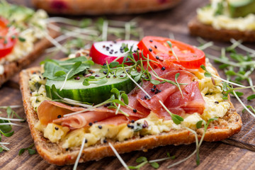 Sandwiches with cream cheese, vegetables and salami.