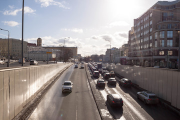 Moscow city center traffic on winter sunny day at the capital of Russia.