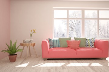 White stylish minimalist room with coral sofa and winter landscape in window. Scandinavian interior design. 3D illustration