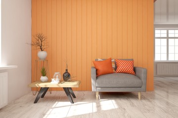 Orange cozy minimalist room with armchair. Scandinavian interior design. 3D illustration