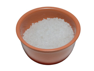 ceramic bowl with sea salt isolated on a white background