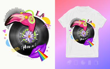 Music art. Disco party, vinyl disc, flamingo and lips. Zine culture style. Print for t-shirts and another, trendy apparel design
