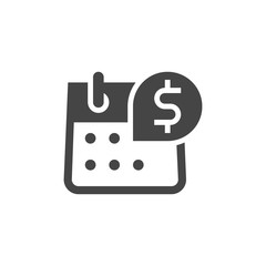 Icon of Calendar with Dollar Sign. Day of Salary, Payment, Accrual of Cash Dividends Concept. Time Management Black Flat Sign. Vector graphic Logo for Web and App in Glyph Style. Illustration Isolated
