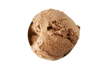 chocolate ice cream ball scoop isolated on white background, top view