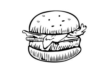 Burger vector logo design template. Fast food or restaurant icon. Hand drawn illustration of hamburger burger sandwich sketch style.
