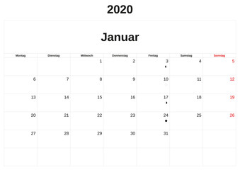 2020 a monthly calendar  with white background in German.