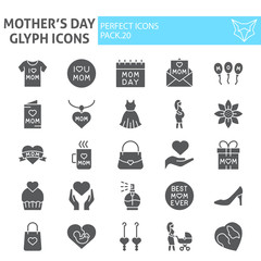 Mothers day glyph icon set, motherhood symbols collection, vector sketches, logo illustrations, mom signs solid pictograms package isolated on white background.