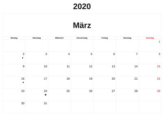 2020 a monthly calendar  with white background in German.
