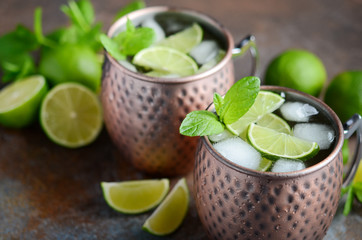 Moscow mule cocktail with ginger beer, vodka, lime and mint in a cooper mugs.