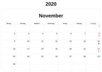 2020 a monthly calendar  with white background in German.