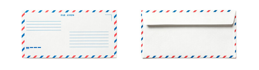Blank airmail envelope isolated, front and back views. Set of double side.