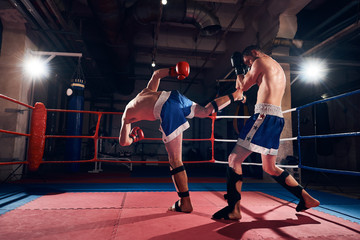Two sporty men boxers exercising kickboxing in the ring at the health club
