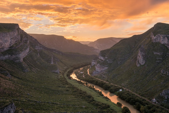 View of Nazas River at sunrise in area of Canon de Fernandez in Durango, Mexico