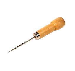 Awl with wooden handle isolated on white background.