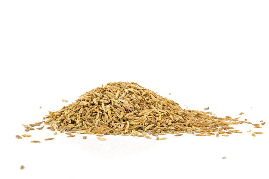 Lot of whole roman caraway seeds heap isolated on white background