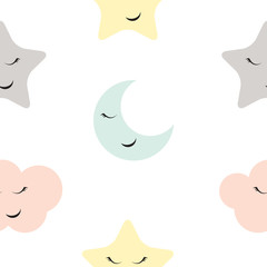 Naklejka premium Cute Star, Cloud and Moon Seamless Pattern Background Vector Illustration