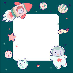 Cute space frame, with Japanese kawaii cat travels in space and a set of cosmic elements..