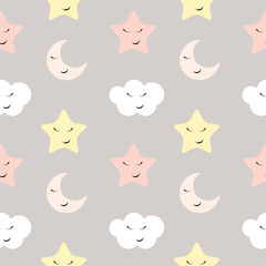 Cute Star, Cloud and Moon Seamless Pattern Background Vector Illustration