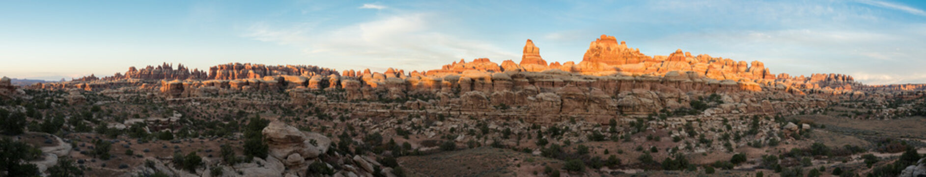 Panorama of sandstone hoodoos within the  Needles District, Canyonlands National Park, Monticello, Utah.