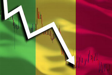 White arrow and stocks fall down on the background of the waving flag of Mali